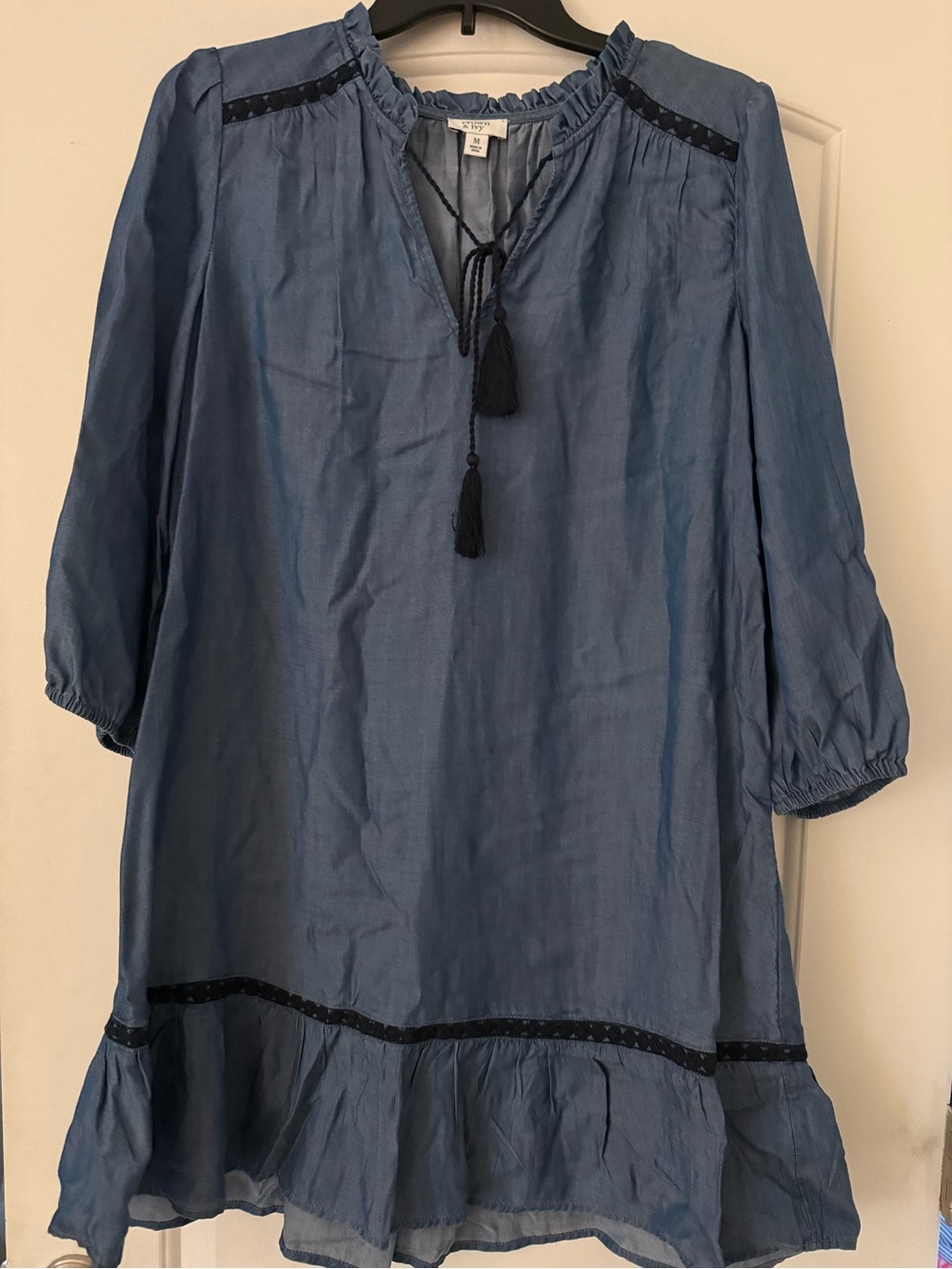 Women’s Blue Tassel Peasant Top Dress Sz M